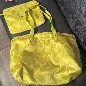 Coach neon green small tote/weekender bag